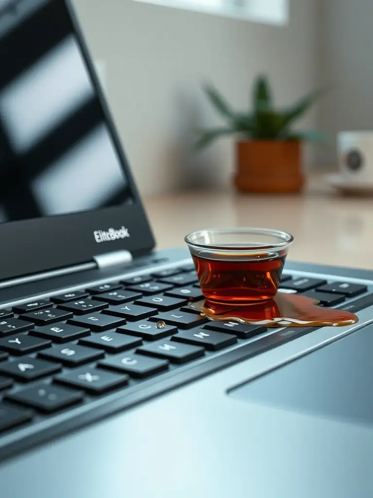 A close-up of the keyboard of an HP EliteBook, highlighting its spill-resistant design and durable keycaps, with a cup of tea slightly spilled nearby.