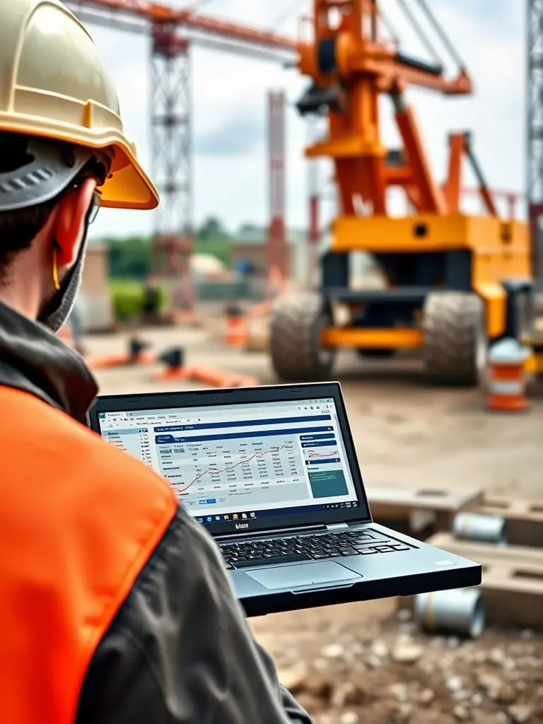 An image of an Acer TravelMate laptop operating in a dusty environment, showcasing its sealed ports and fanless design, set against a backdrop of a rural construction site.